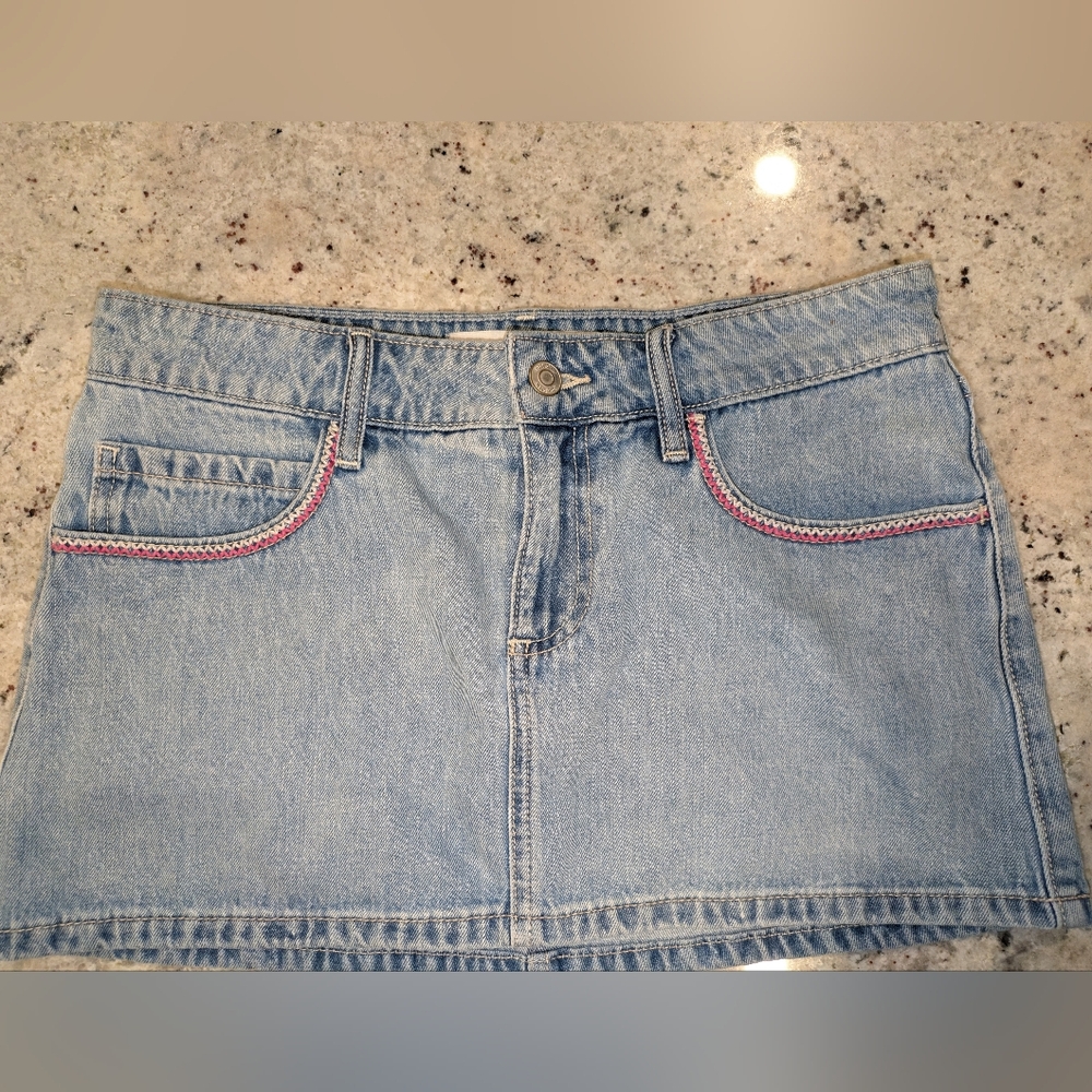 Hollister Light Blue Denim Mini Skort with Pink Trim